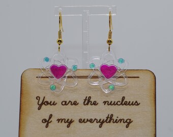 Valentine heart atom earrings, with personalised message; romantic gift for scientist; science, chemistry, physics; for a geek in love