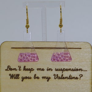 Valentine conical flask earrings with personalised message; gift for scientist; science, chemistry, potion jewellery