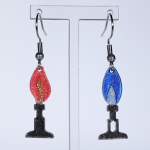 Bunsen burner earrings; gift for scientist or teacher; science, chemistry, laboratory jewellery; flame; for geek, lab fire for researcher