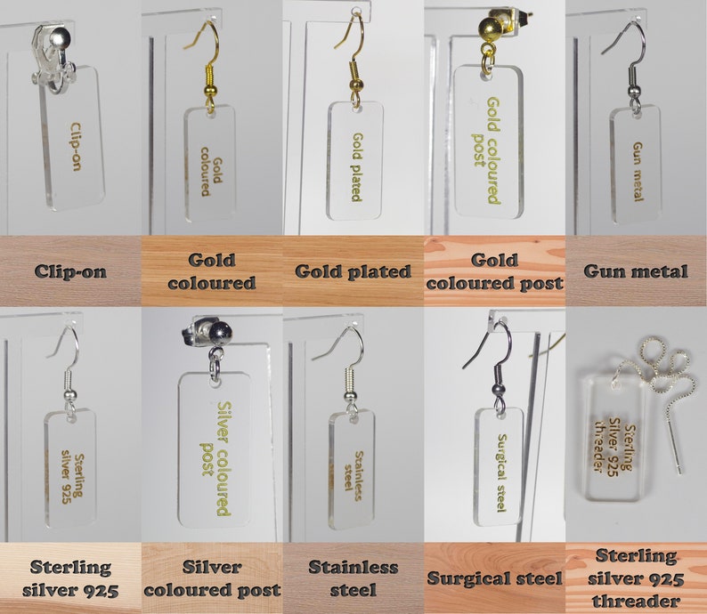May include: A collage of eight different earring styles, each with a clear acrylic rectangle featuring a gold or silver inscription. The styles include clip-on, gold colored, gold plated, gold colored post, gun metal, sterling silver 925, silver colored post, stainless steel, surgical steel, and sterling silver 925 threader.