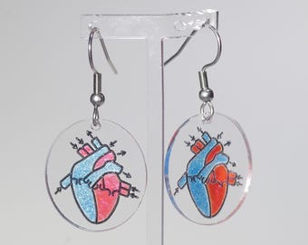 Biological circulatory heart system drop earrings, perfect gift for cardiographer or romantic scientist