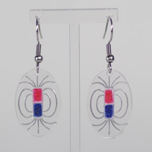 May include: A pair of clear oval earrings with a silver hook. The earrings feature a red and blue square design with a white outline. The design is reminiscent of a magnetic field.