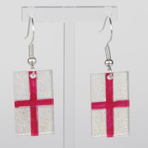 English flag sparkly earrings, showing the Saint George cross. Ideal jewelery gift for celebrating all things English.