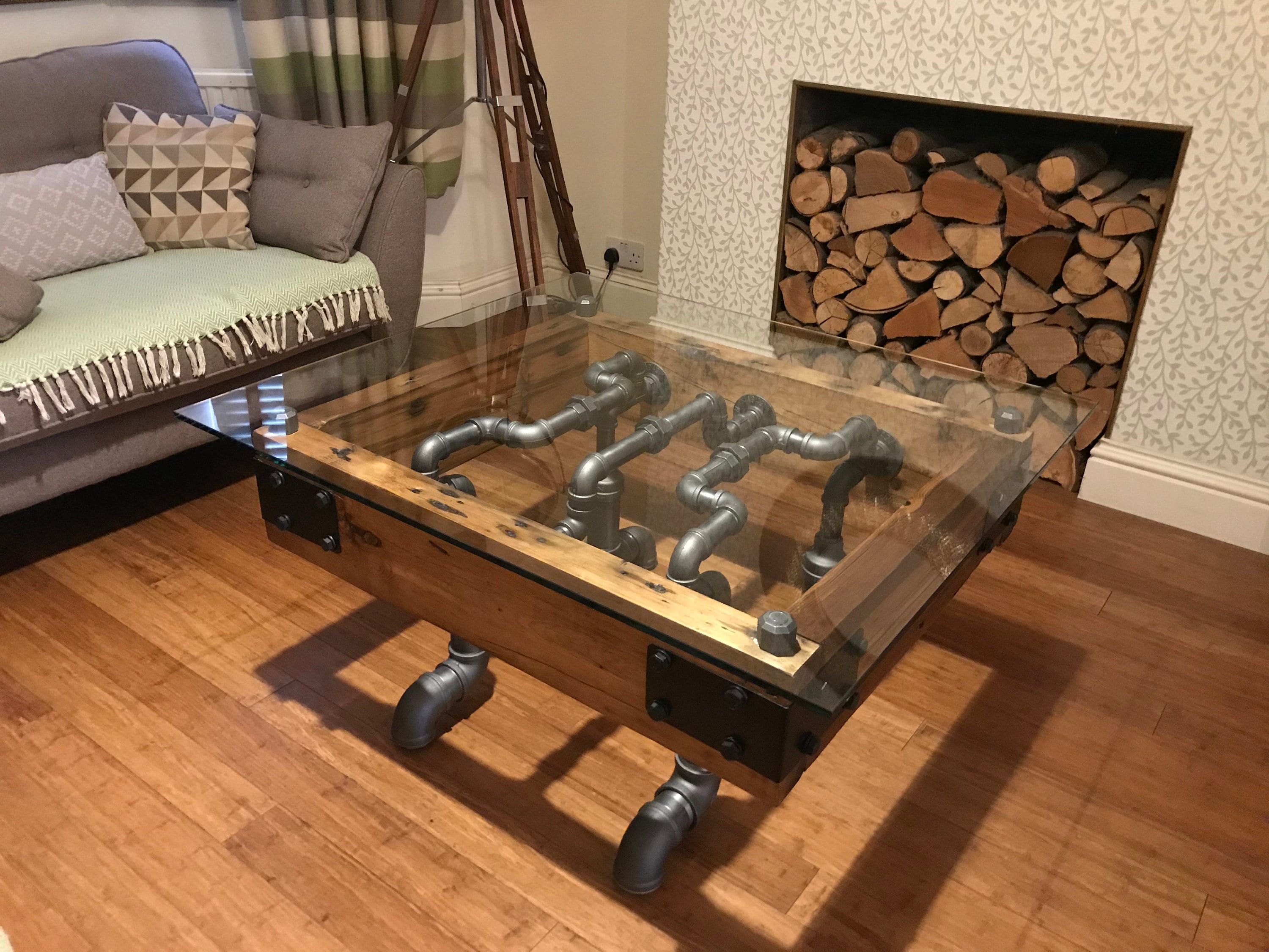 Unique Industrial Coffee Table With Glass, Hand Made Steampunk Pipe