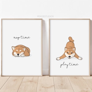 Set of 2 Dog Wall Art, Shiba Inu Gift, Play, Nap, Instant Download, Puppy Decor, Nursery