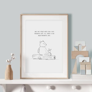 Minimal Winnie The Pooh y Piglet Wall Art, Decoración de vivero de línea continua, Descarga instantánea, Nuevo bebé, Cita de libro, Blanco y negro