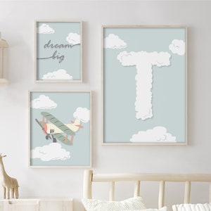 Conjunto de 3 sueño arte de la pared grande, AIRPLANE, carta de la nube personalizada, impresión digital personalizada, decoración de la guardería imprimible, nuevo bebé, niños