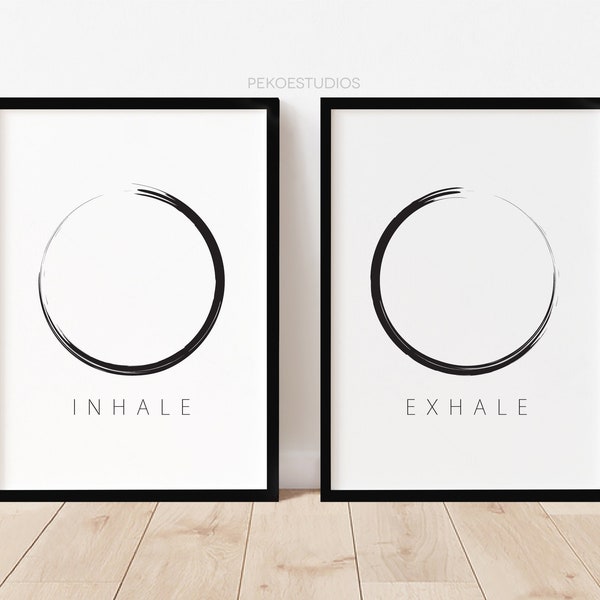 ヨガルーム用のリラックスできるウォールアートプリント2枚セット、印刷可能な吸気吐気瞑想装飾、インスタントデジタルダウンロード、マインドフルなオフィスアート