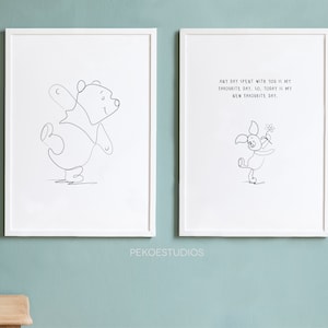 Continuous Line Winnie The Pooh and Piglet Wall Art, Set of 2, Minimal Nursery Decor, Instant Download, New Baby, A. A. Milne Book Quote