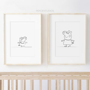 Doorlopende lijn Peppa Pig en George Wall Art, Set van 2, Minimal Nursery Decor, Instant Download, New Baby, Simple Print, Zwart & Wit,