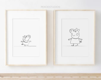 Doorlopende lijn Peppa Pig en George Wall Art, Set van 2, Minimal Nursery Decor, Instant Download, New Baby, Simple Print, Zwart & Wit,