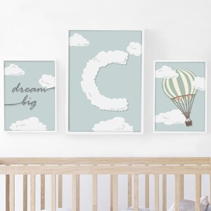 Conjunto de 3 arte de parede grande dos sonhos, balão de ar quente, carta de nuvem personalizada, impressão digital personalizada, decoração de berçário imprimível, novo bebê, crianças
