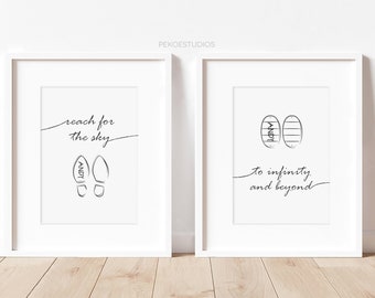 Toy Story Nursery Wall Art, Set of 2 Woody Buzz Boots with Andy Name, Minimal Black and White Print, Baby Room Decor, Pixar Movie Quotes