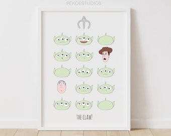 Toy Story Wall Art, The Claw, Alien, Woody, Buzz, Minimal Digital Print, Nursery Decor, Movie Poster
