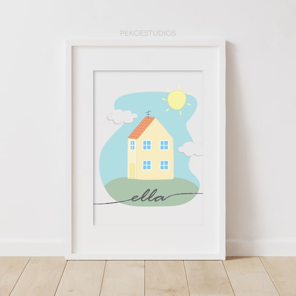 Peppa Pig Family Home Wall Art, Minimal Nursery Decor, Personalised Name or Blank, Digital Print Files, Colourful House