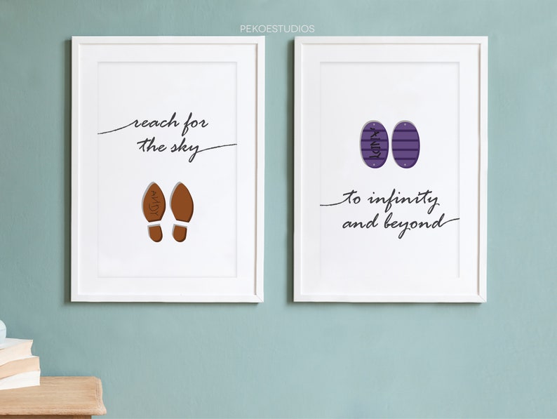 Toy Story Nursery Wall Art, Woody Buzz Boots with Andy Name, Minimal Digital Print, Baby Room Decor, Movie Quotes image 1