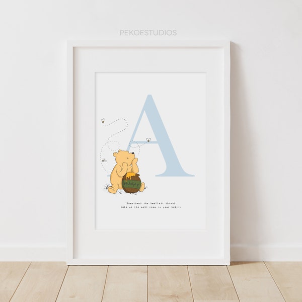 Personalised Letter Winnie the Pooh Wall Art, Minimal Baby Name Nursery Decor, New Baby, Book Quote, Pooh Bear, Custom Colour