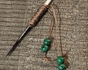 Genuine Porcupine Quill Cowboy Toothpick with Green Malachite beads 4 inch