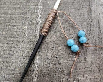 Porcupine Quill Cowboy Toothpick with Sinew and Blue  Turquoise Beads Large 7 inch.