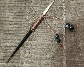 Genuine Porcupine Quill Cowboy Toothpick with Obsidian Snowflake Beads. Large 7 inch