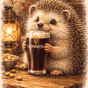 May include: A whimsical illustration of a hedgehog holding a pint of Guinness. The glass features the Guinness logo. The hedgehog is sitting on a wooden surface, with a bowl of peanuts and a lantern in the background.