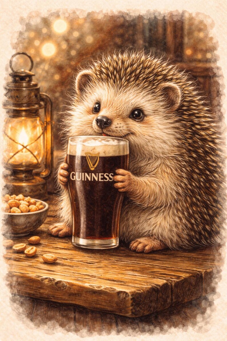 May include: A whimsical illustration of a hedgehog holding a pint of Guinness. The glass features the Guinness logo. The hedgehog is sitting on a wooden surface, with a bowl of peanuts and a lantern in the background.