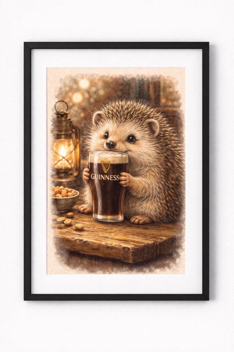 May include: A framed print featuring a charming hedgehog holding a pint of Guinness. The hedgehog is depicted with a warm, inviting expression, seated at a wooden table with a bowl of peanuts and a lit lantern. The Guinness glass is prominently displayed.