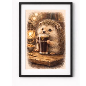 Hedgehog Drinking Guinness Print Irish Pub Wall Art, St Patrick’s Day Decor (Digital Download) image 1