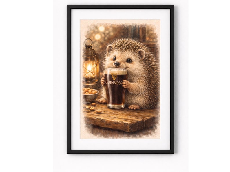 Hedgehog Drinking Guinness Print Irish Pub Wall Art, St Patrick’s Day Decor (Digital Download) image 1