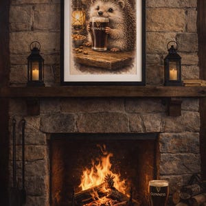 May include: A framed print depicts a hedgehog holding a pint of Guinness, set above a fireplace with a burning fire. The scene includes a lantern, nuts, and a pint of Guinness on the hearth. The image has a warm, inviting atmosphere.