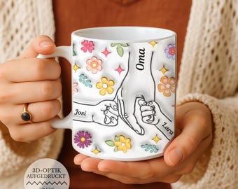 Gepersonaliseerde mok voor oma met de namen van de kleinkinderen – 3D-bloemendesign, cadeau voor oma van de kleinkinderen
