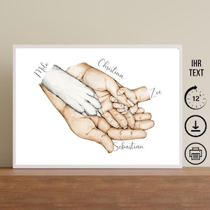 Manos de acuarela Familia con nombre, Descarga digital, Póster, Tarjeta, DIN A12345, Regalo Día de la Madre, Día del Padre, Padre Hijo Perro Mascota