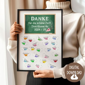 Abschiedsgeschenk für Lehrer Lehrerin, Papierflieger Tafel mit Namen Grundschule, Geschenk, Abschied Digitaler Download, Poster, DIN A12345
