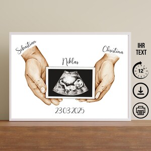 Manos de acuarela, familia con nombres, descarga digital, póster, tarjeta, DIN A12345, regalo Día de la Madre, Día del Padre, embarazo entre padres e hijos