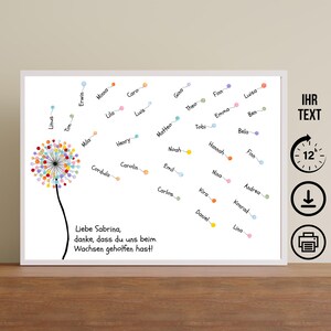 Cadeau d'adieu pour amis, collègues, retraite, éducateur, enseignant, famille, pissenlit avec nom, téléchargement numérique, affiche DIN A12345