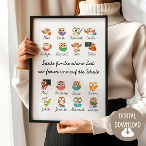 Abschiedsgeschenk Vorschulkinder für Erzieherin, Kindergarten, Kita Team Eulen mit Namen Widmung, Digitaler Download, Poster, DIN A12345