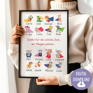 Abschiedsgeschenk Vorschulkinder für Erzieherin, Kindergarten, Kita Team, Superhelden mit Namen Widmung, Digitaler Download Karte DIN A12345