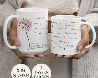 Tazza per maestra d'asilo, bianca o colorata, 330 ml o 440 ml, con disegno di dente di leone, dedica e fino a 25 nomi.