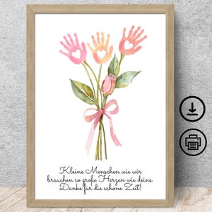 Cadeau d'adieu de remerciement enseignante de maternelle, assistante maternelle, enseignante, fleurs d'empreintes de main avec carte d'affiche de dédicace à télécharger numérique, DIN