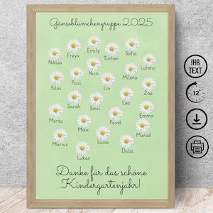 Gänseblümchen mit Namen, Digitaler Download, Poster, DIN A12345, Abschiedsgeschenk Vorschulkinder für Erzieherin Abschied Kindergarten