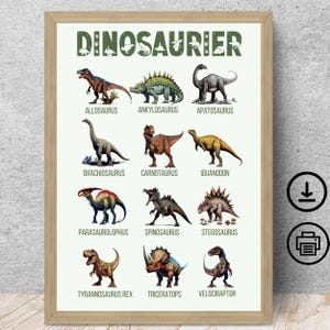Poster di dinosauri per ragazzi e ragazze, download digitale, immagine per la camera dei bambini, regalo per bambini dell'asilo, bambini in età scolare che imparano i dinosauri