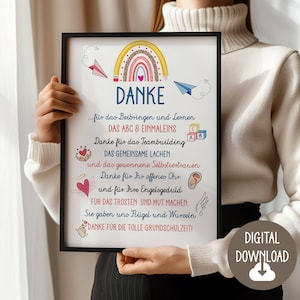 Abschiedsgeschenk für Lehrerin, Dankeschön Gedicht, Digitaler Download, Poster Karte DINA12345 Geschenk Grundschule Schulklasse Erzieherin