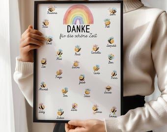 May include: A framed white poster featuring a watercolor rainbow at the top, the text DANKE für die schöne Zeit, and multiple small illustrations of bees, each labeled with a different name such as Paulina, Leon, Tina, Piet, Emil, and others.