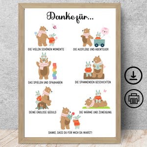 Affiche de remerciement ours & lapin avec dédicace, téléchargement numérique DIN A 1-5 cadeau pour enseignante, crèche maternelle cadeau d'adieu