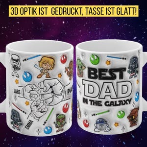 Tasse Best Dad Design mit Kinder Namen personalisierbar, zwei Größen, 3D Optik, schwarz, weiß, blau