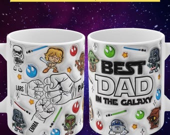 Tasse Best Dad Design mit Kinder Namen personalisierbar, zwei Größen, 3D Optik, schwarz, weiß, blau