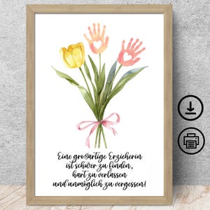 Danke Abschiedsgeschenk Kindergarten Erzieherin, Tagesmutter, Lehrerin, Handabdruck Tulpe  mit Widmung Poster Karte Digitaler Download, DIN