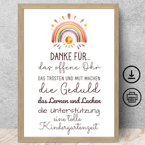 Cadeau de remerciement d'adieu pour institutrice de maternelle, assistante maternelle, enseignante, arc-en-ciel avec carte d'affiche de dédicace à télécharger numérique, DIN A12345