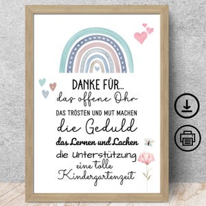 Danke Abschiedsgeschenk Kindergarten Erzieherin, Tagesmutter, Lehrerin, Regenbogen mit Widmung Poster Karte Digitaler Download, DIN A12345