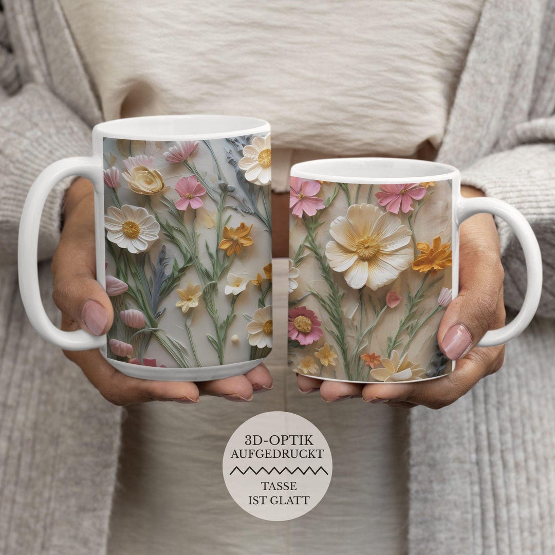 White Mug, Two Sizes, Spring Flowers in 3D Effect, Ceramic Mug for ...